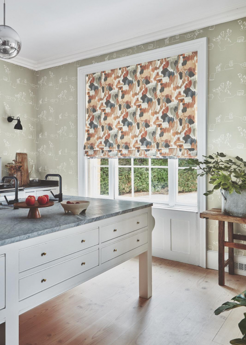 kueche stoffrolllo tapete gruen Villa Nova decohome.de