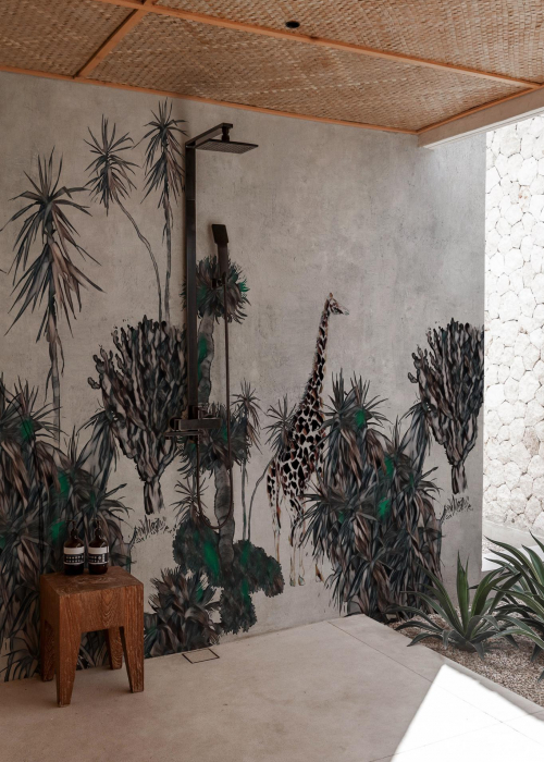 badgestaltung tapete walk in dusche dschungel holzdecke Wall and Deco
