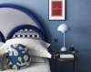 schlafzimmer blaue wand bett kopfteil halbrund Owl design46 decohome
