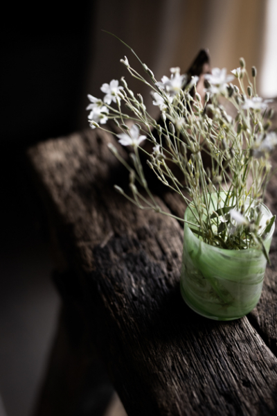 holzbank grobe struktur gruenes glas blumen decohome.de