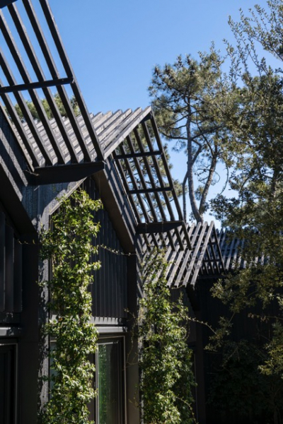 Fassade Yakisugi geflammtes Holz Arcachon Detail Vordach Lamellen decohome.de