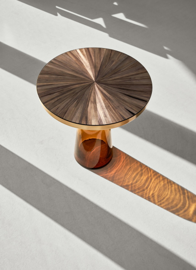 ClassiCon bell side table amber orange straw marquetry photo hassos decohome.de