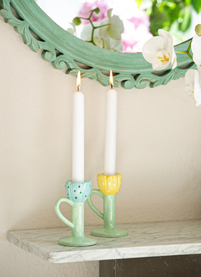 VOSSBERG, 27652, Kerzenhalter Blüte (2er Set), gelbhellblau, 12cm, VK 14,50 € Osterdeko decohome.de