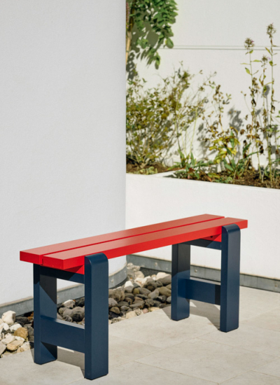 Hay Weekday Bench L111 wine red and steel blue wb lacquered pinewood decohome.de