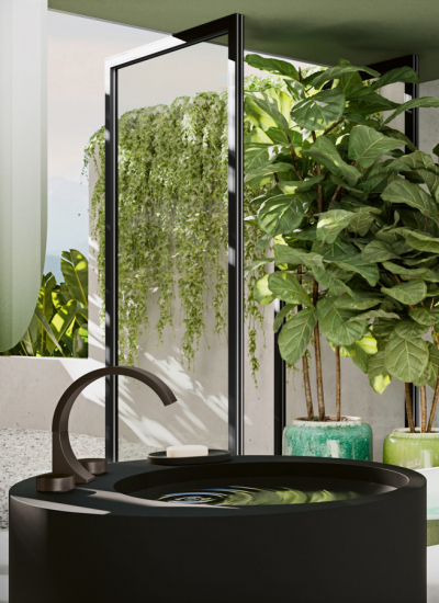 Schwarzes Waschbecken, Armatur Dornbracht CYO Architecture Oasis Outdoor Bad decohome.de