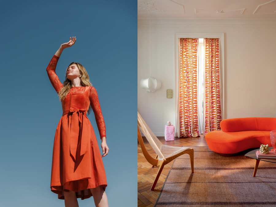 bold colors LIMBERRY Dirndl Cara orange samt spitzen bluse wohnzimmer oranges sofa retro moebel vorhaenge decohome.de