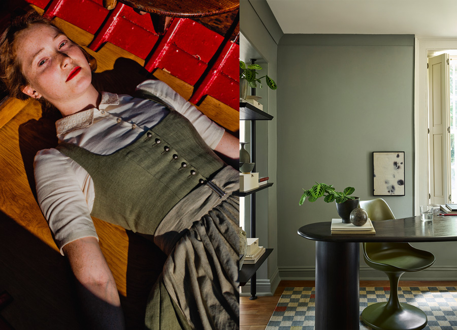 monochrome look dirndl gruen oliv traditionell monochrome look schreibtisch gruene wand modern karo teppich decohome.de