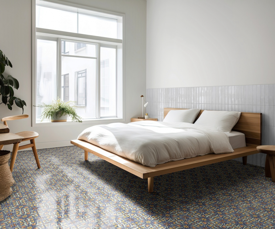 A serene and minimalist bedroom with a platform bed, white bedding, and a simple wooden headboard, featuring a neutral color palette and plenty of natural light. Empty wall