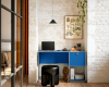 Homeoffice blauer Schreibtisch schwarzer Hocker Laptop Mittel (USM 0025681) decohome.de